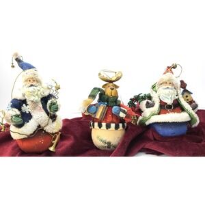 Set of 3 Vintage Roly Poly Cloth Mache Christmas‎ Ornaments 2 Santas 1 Reindeer